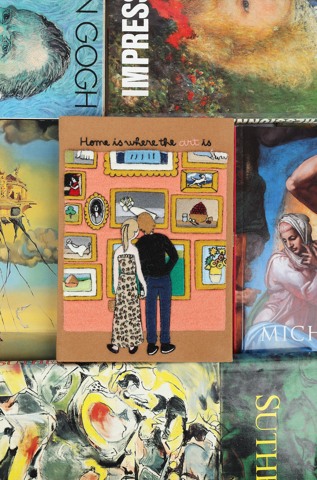 A square art print or card featuring an illustration of a couple in front of a pink gallery wall, surrounded by other colorful paintings and art prints.