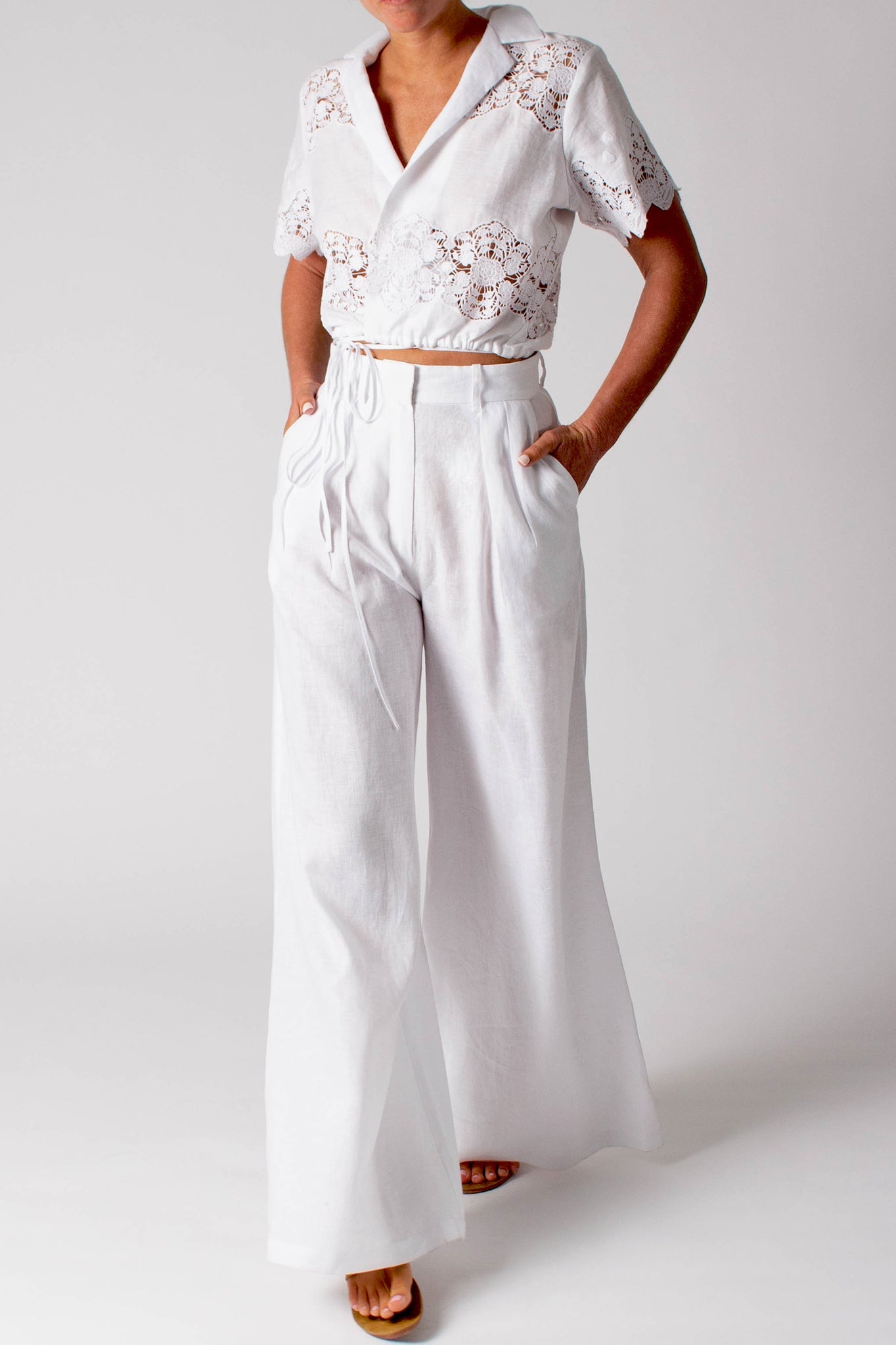 River Pleated Linen Pants - Pure White by Miguelina