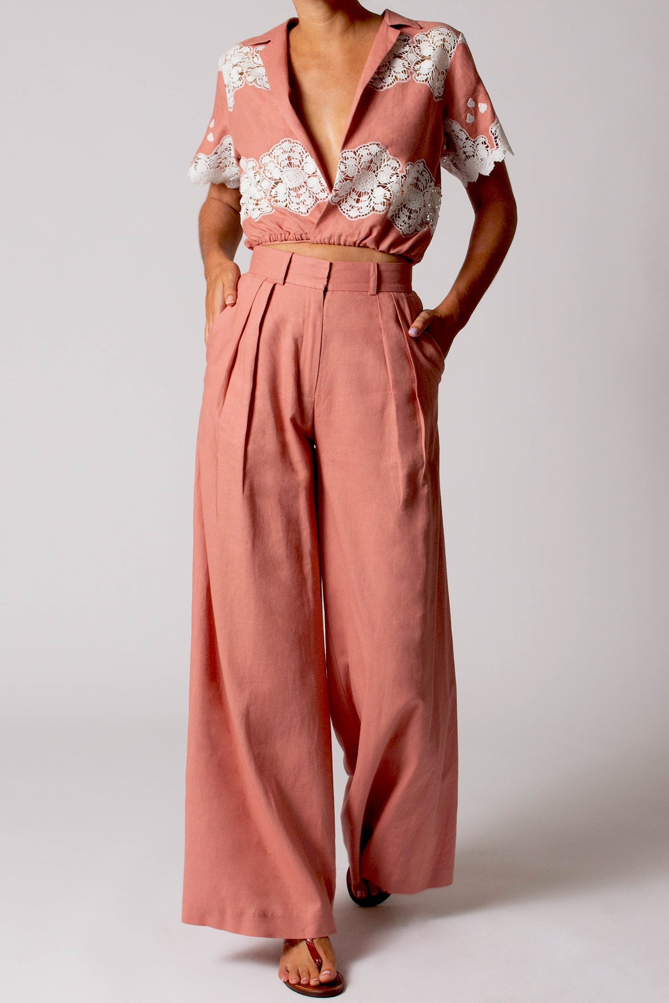 Brooklyn Cloisters Embroidery Linen Wrap Top - Dusty Rose by Miguelina