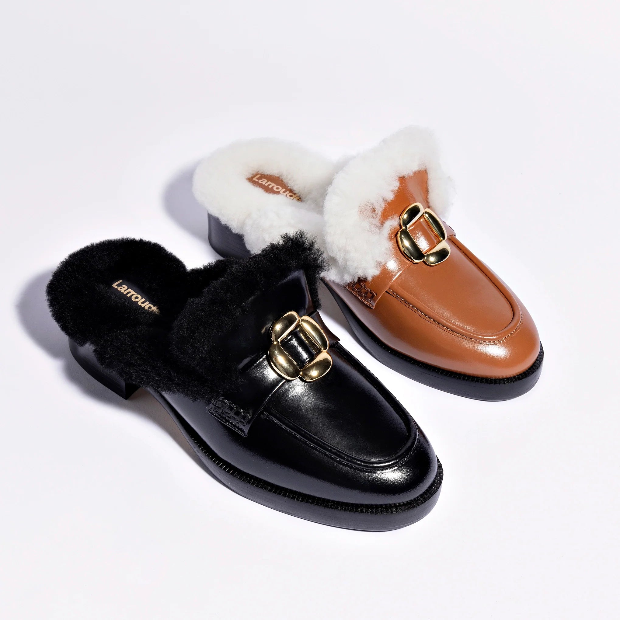 Bobbie Mule In Black Leather and Black Shearling Larroudé