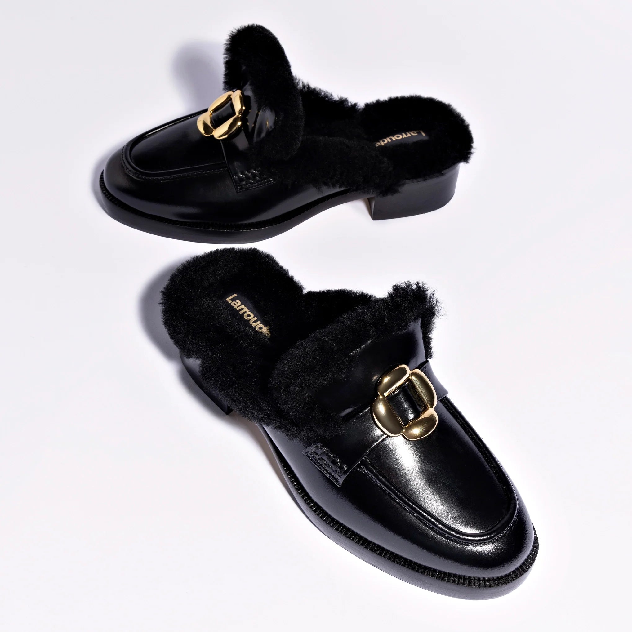 Bobbie Mule In Black Leather and Black Shearling Larroudé