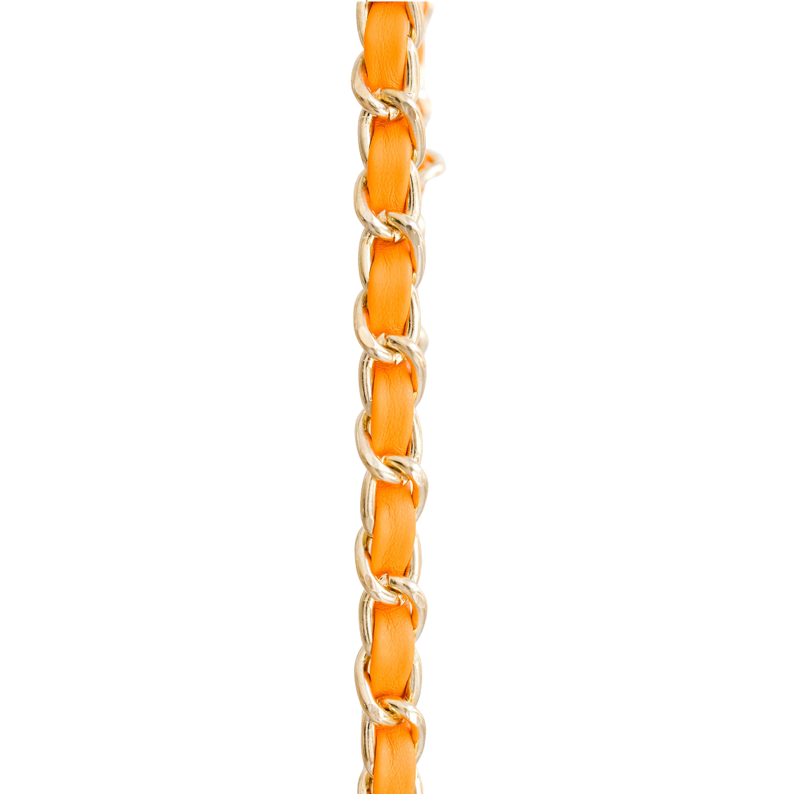A close-up vertical view of a chain-link chain with bright orange links and silver-toned metal links, isolated on a white background.