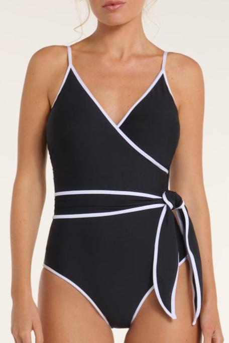 V-Neck Wrap One-Piece Swimsuit by Hermoza