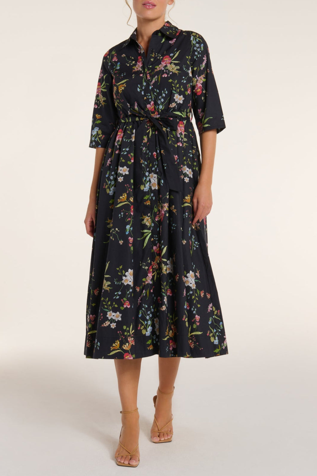 Francesca Collared Belted Maxi Dress in Black Floral by Hermoza