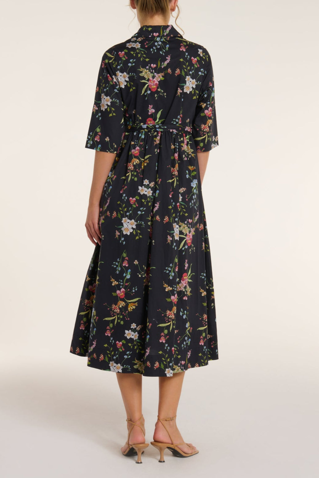 Francesca Collared Belted Maxi Dress in Black Floral by Hermoza