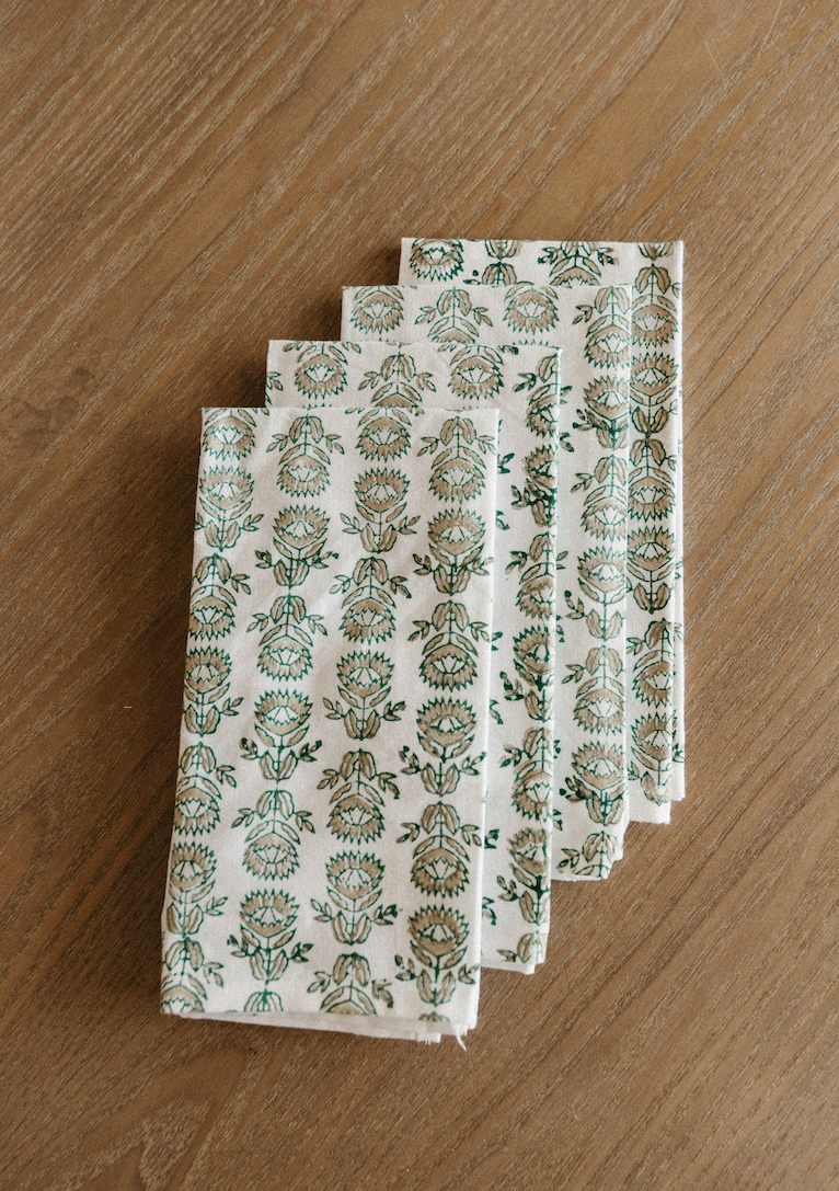 MENDED X DEMI: Dinner Napkins (set of 4) - Protea, Evergreen & Gold by Mended