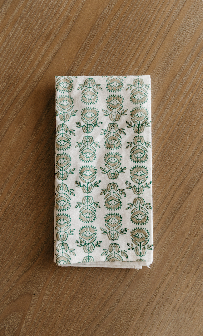 MENDED X DEMI: Dinner Napkins (set of 4) - Protea, Evergreen & Gold by Mended