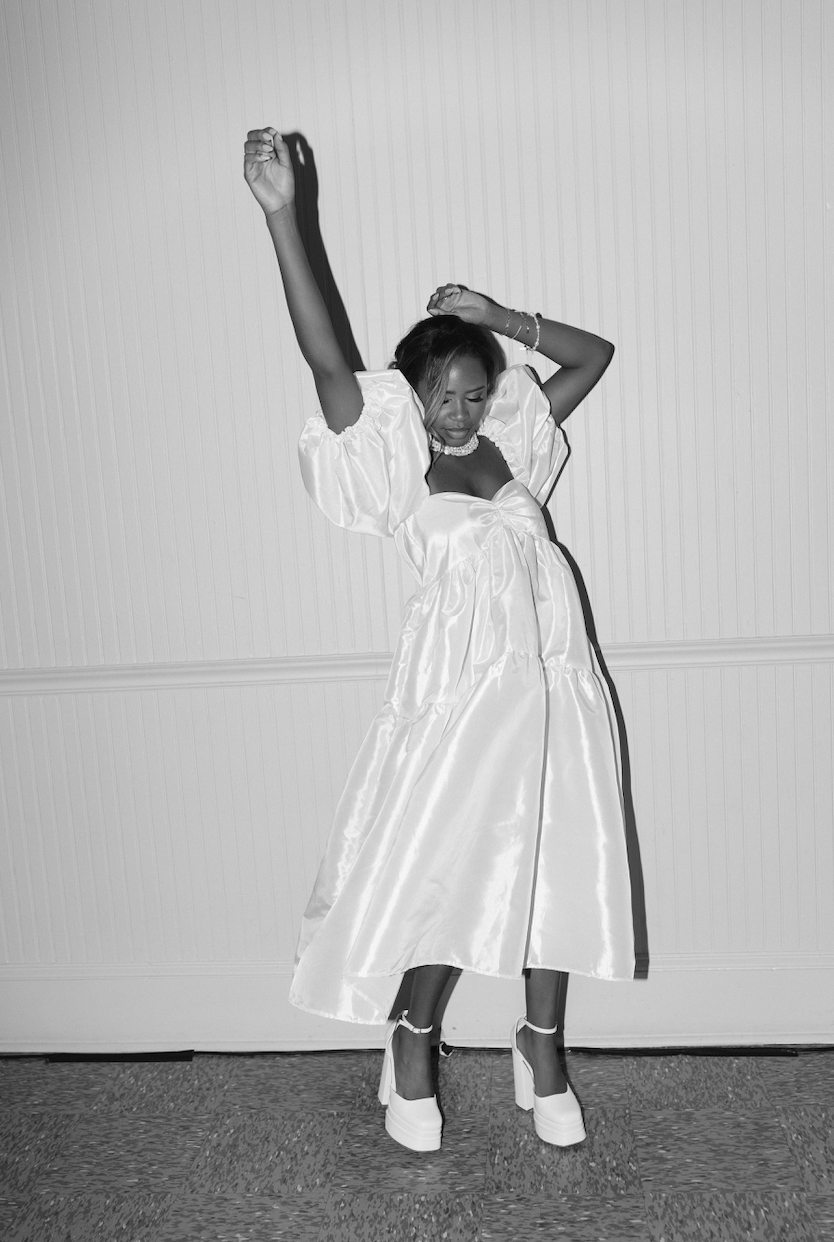 East Village Dress with Makenna Sleeves in White Taffeta by Madeline Marie