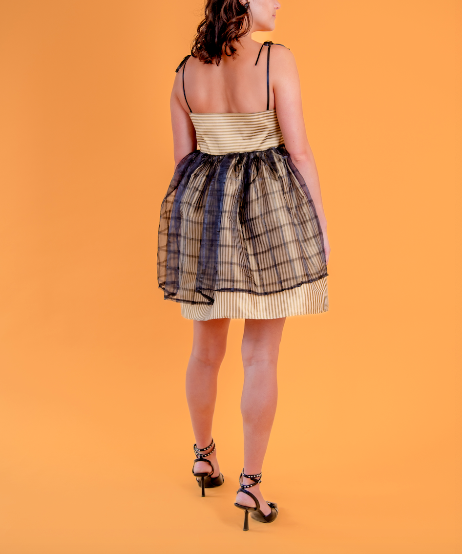 Makenna Sleevless Mini Dress Plaid Taffeta with Black Plaid Organza Overlay by Madeline Marie