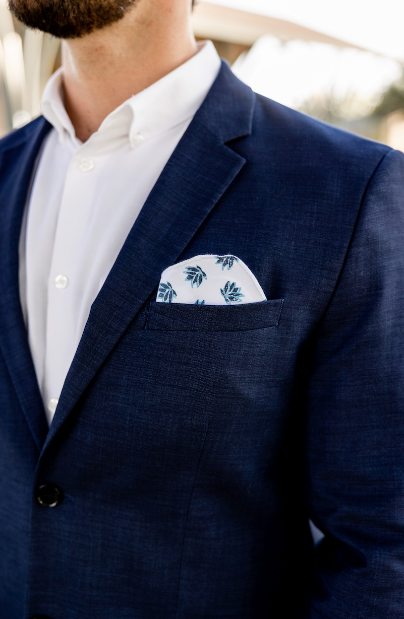 Pocket Square - White Linen with Uniform Blue & Navy by Mended