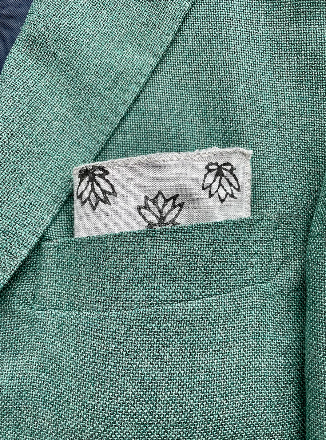 Pocket Square - Gray Linen with Baby Lotus, Black by Mended