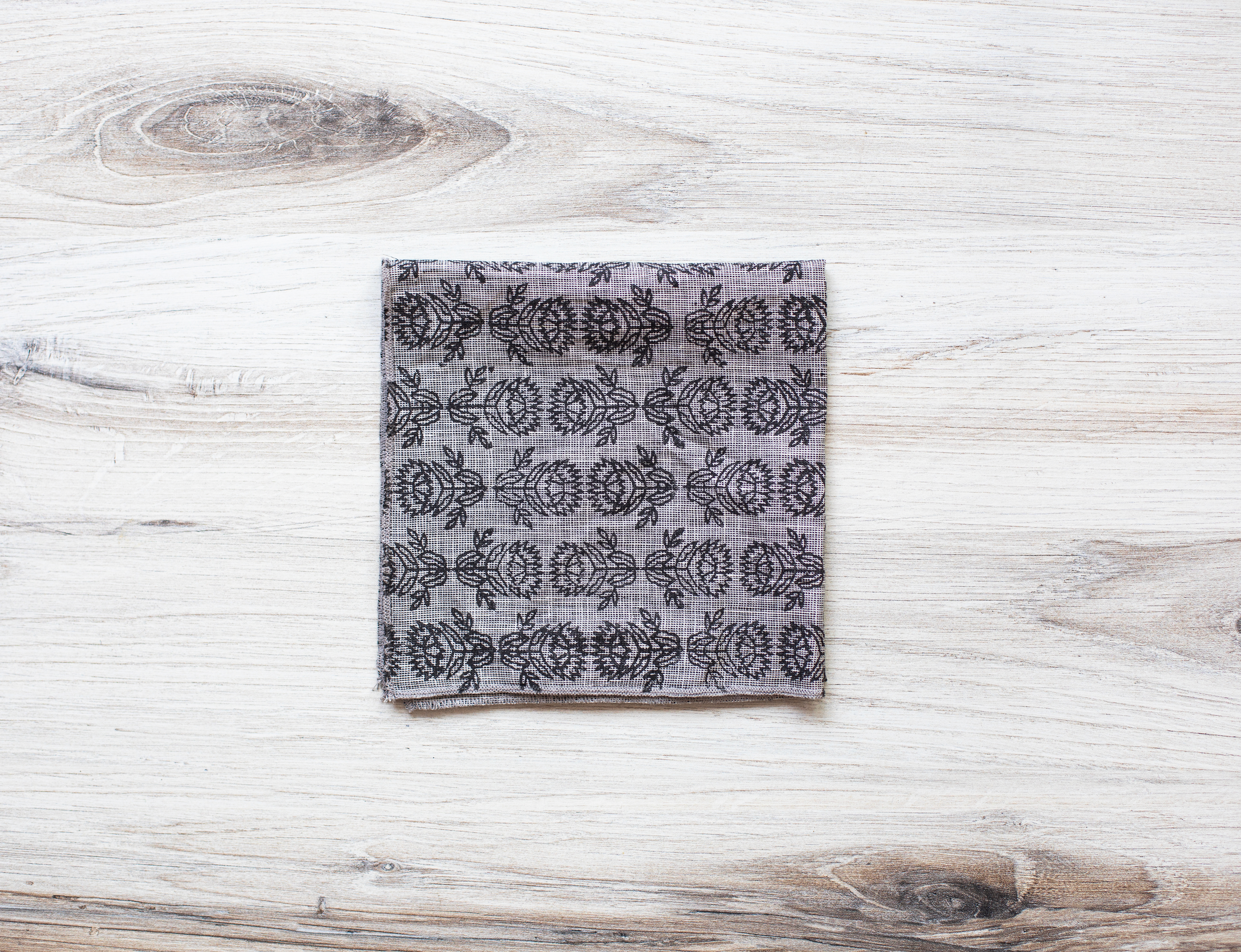 Pocket Square - Gray Linen with Protea, Black by Mended