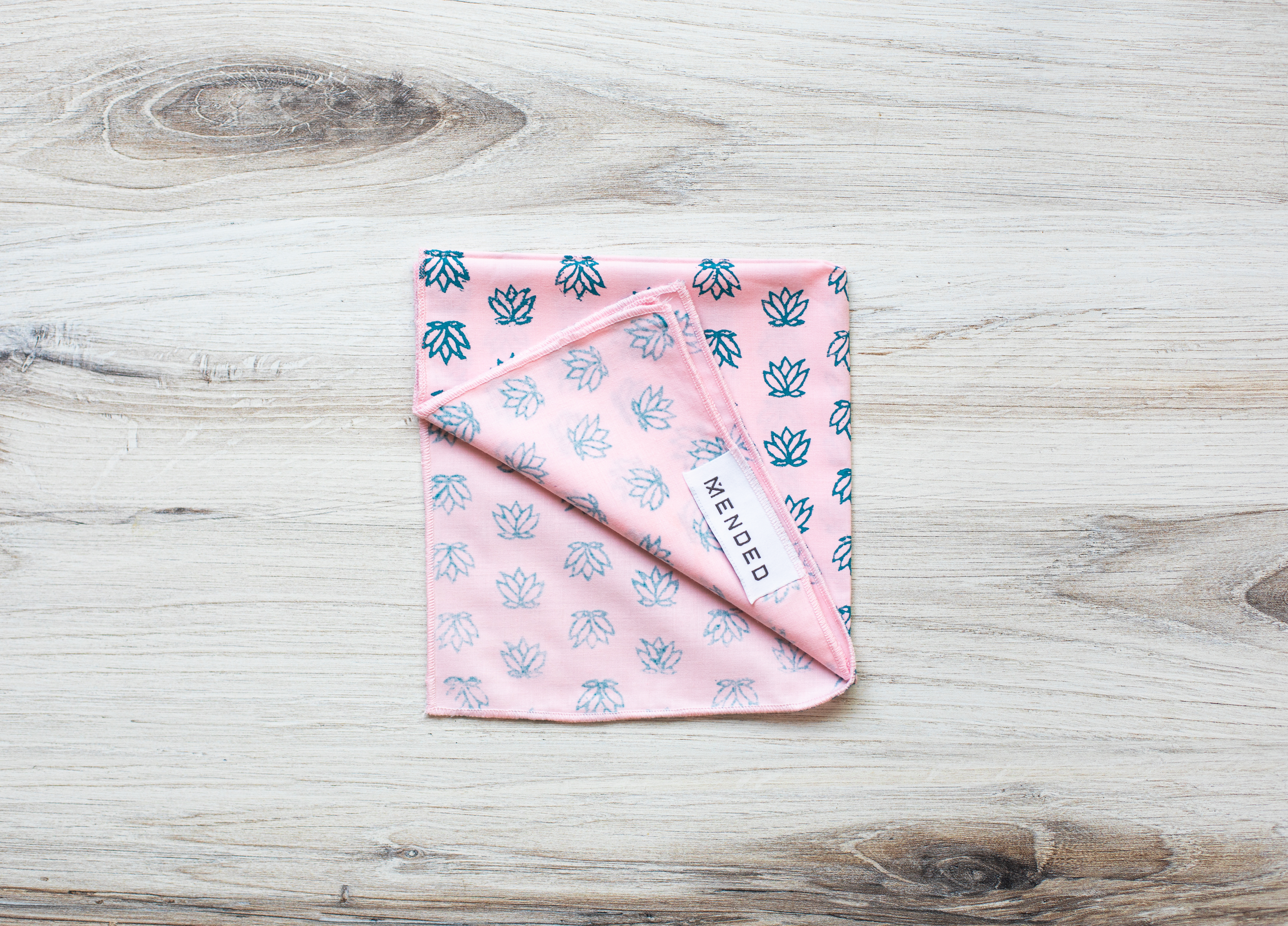 Pocket Square - Light Pink Cotton with Baby Lotus, Saltwater by Mended