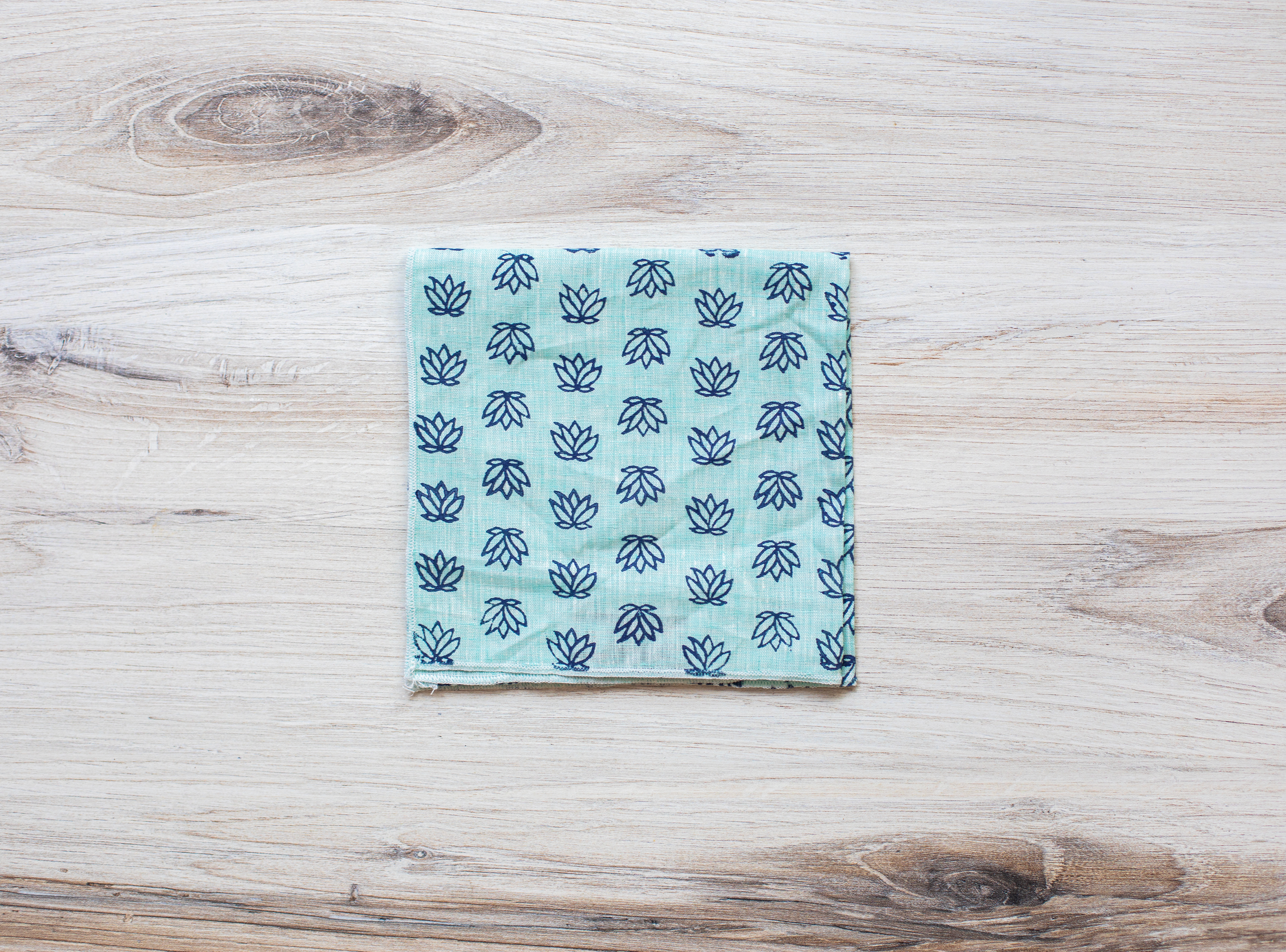 Pocket Square - Sea Green Linen with Baby Lotus, Navy by Mended