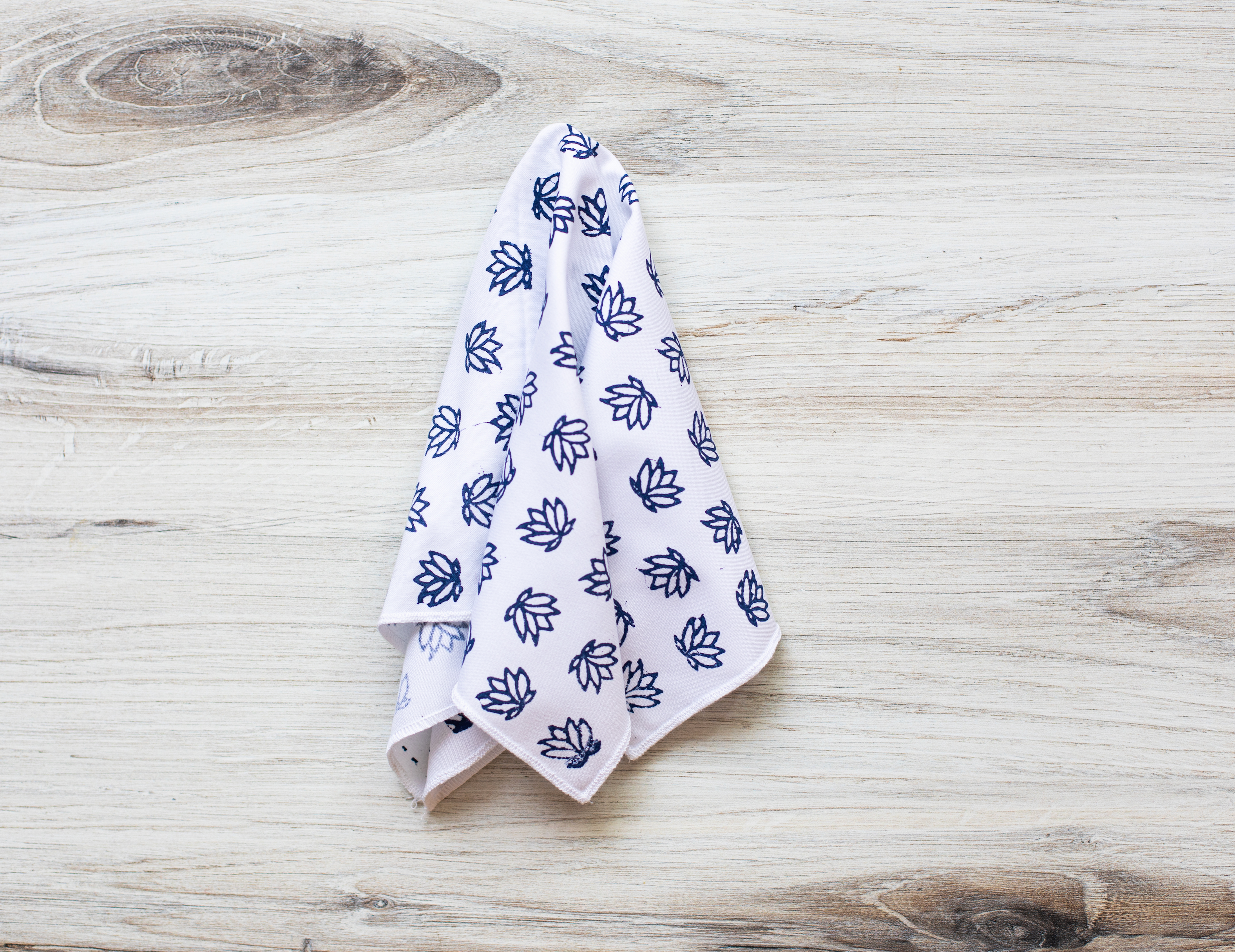 Pocket Square - White Cotton with Baby Lotus, Navy by Mended