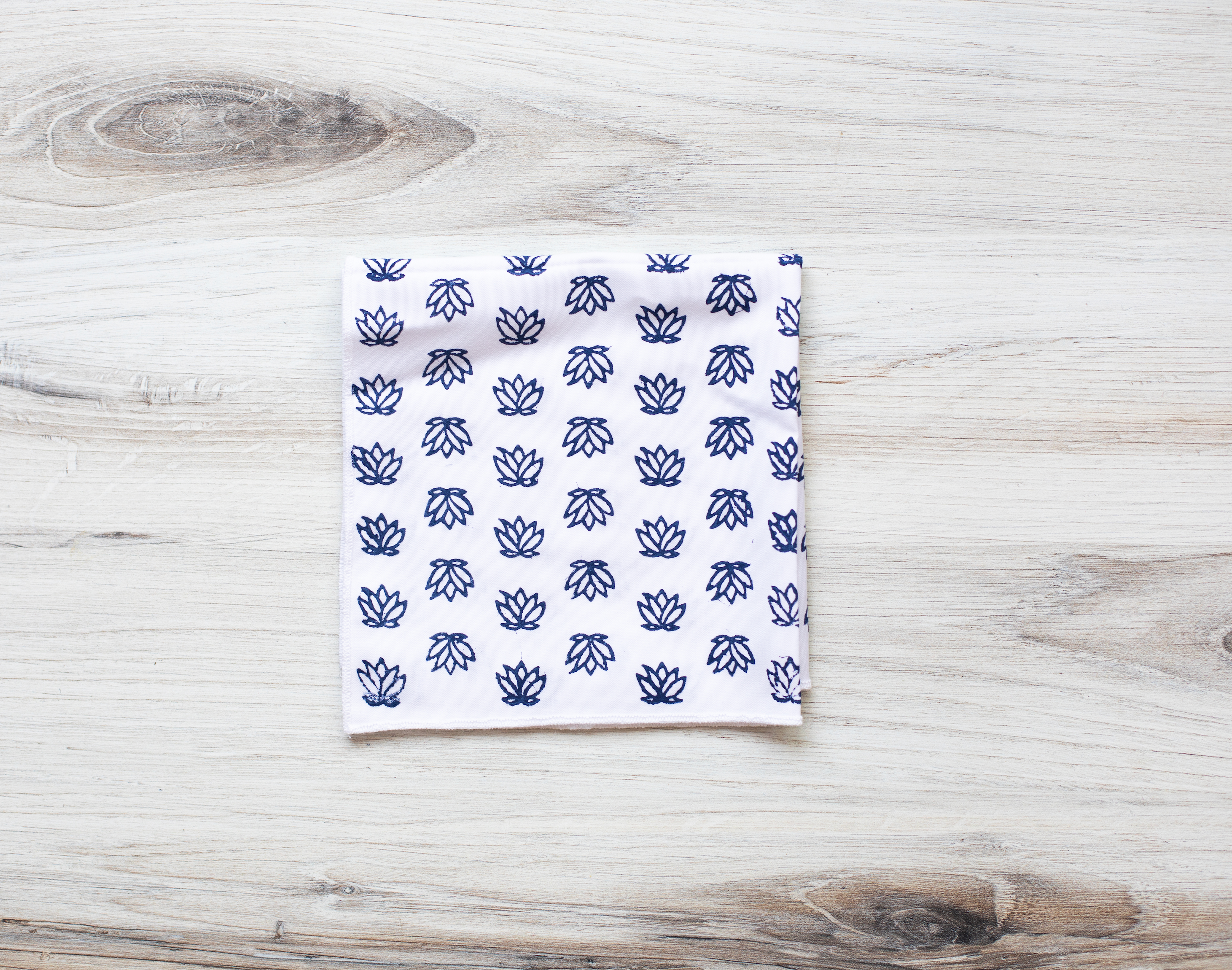 Pocket Square - White Cotton with Baby Lotus, Navy by Mended