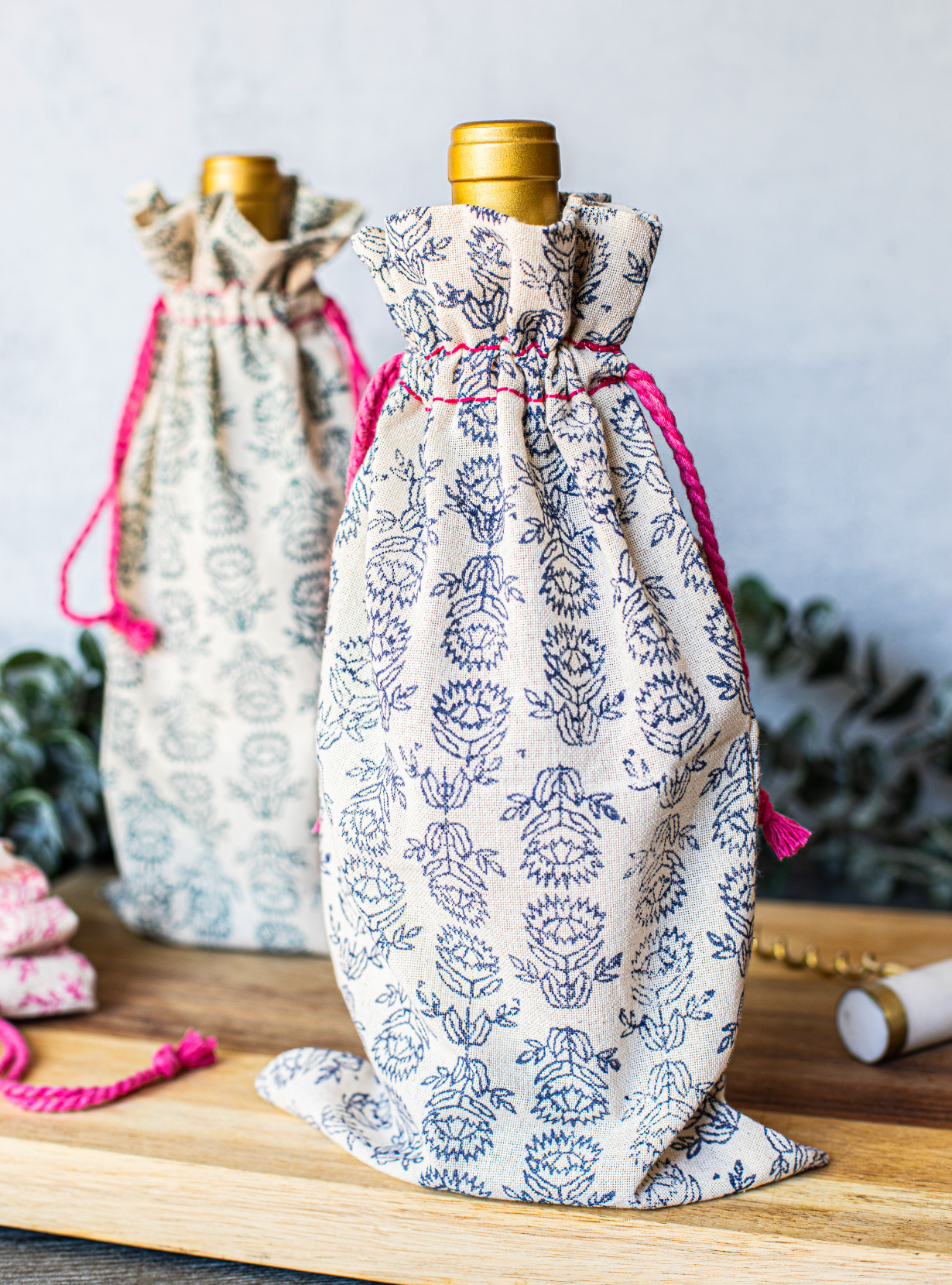 Wine Gift Bag - Pink Thread with Protea, Navy by Mended