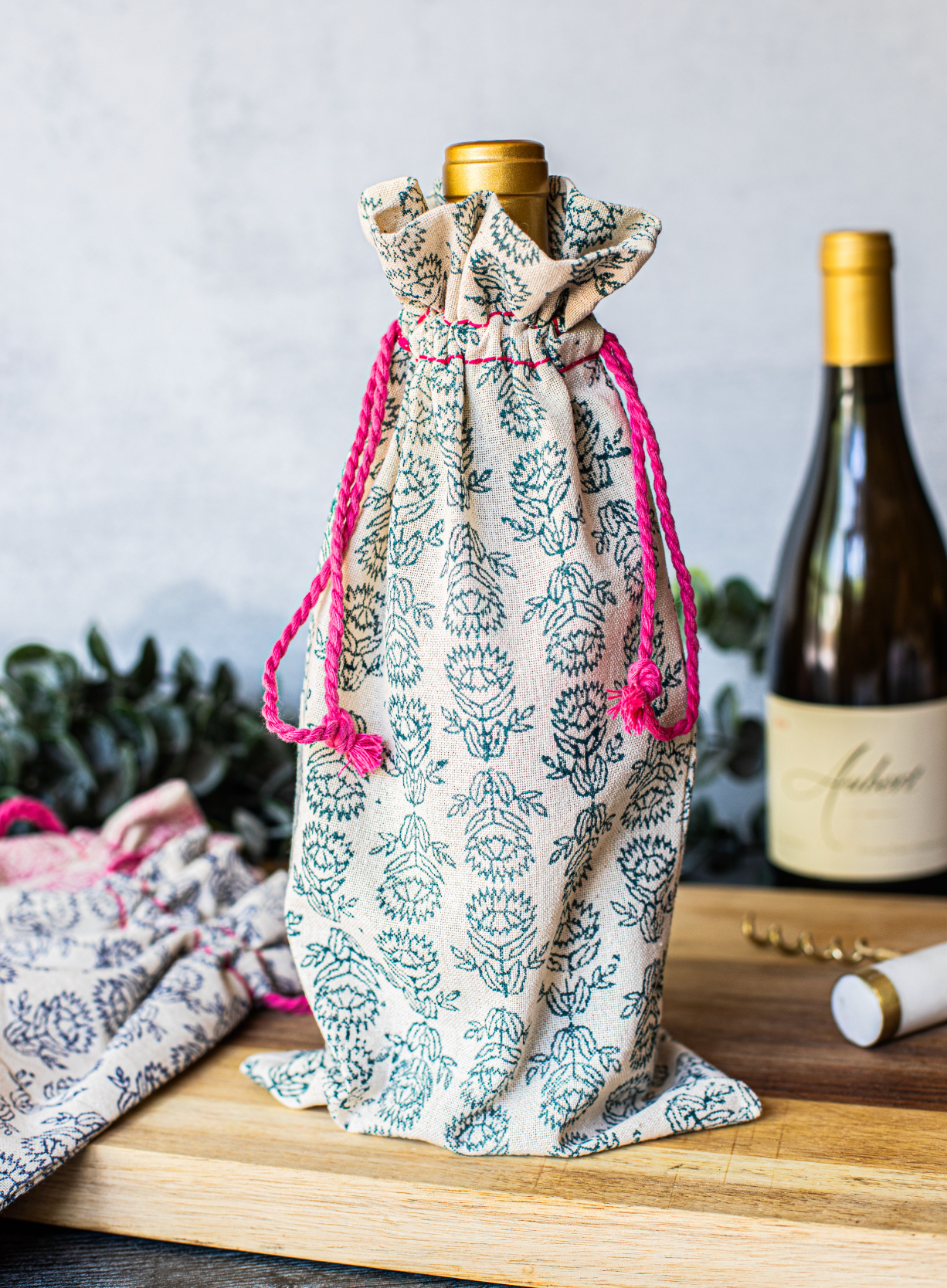 Wine Gift Bag - Pink Thread with Protea, Midnight Green by Mended