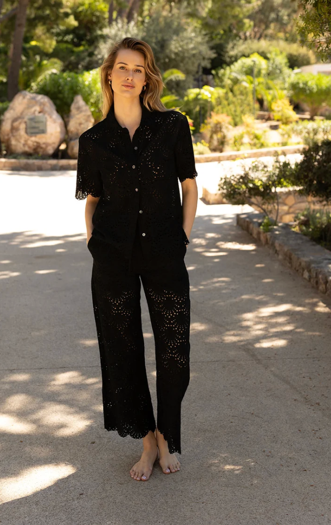 Dana Shirt in Black Shell Eyelet by Hermoza