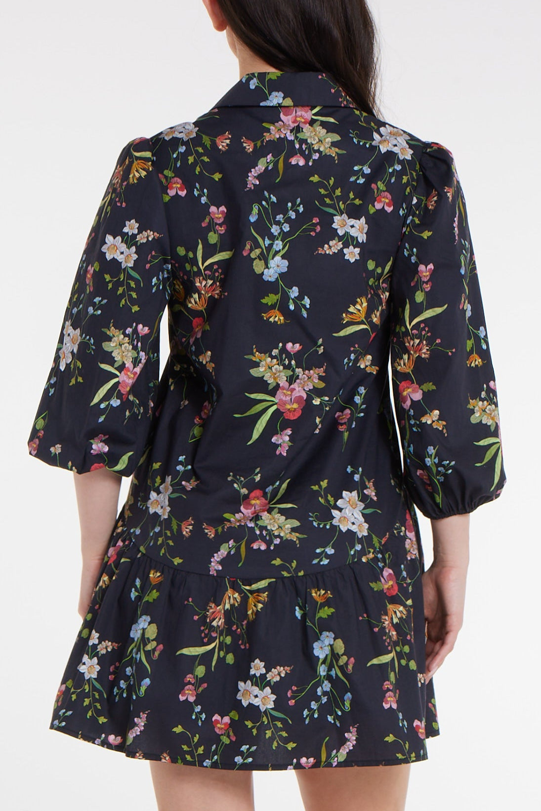 Katie Collared Mini Shirt Dress in Black Floral by Hermoza