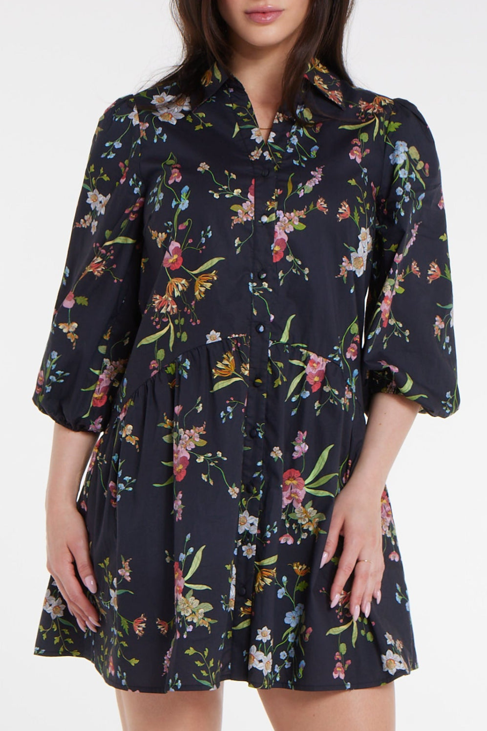 Katie Collared Mini Shirt Dress in Black Floral by Hermoza