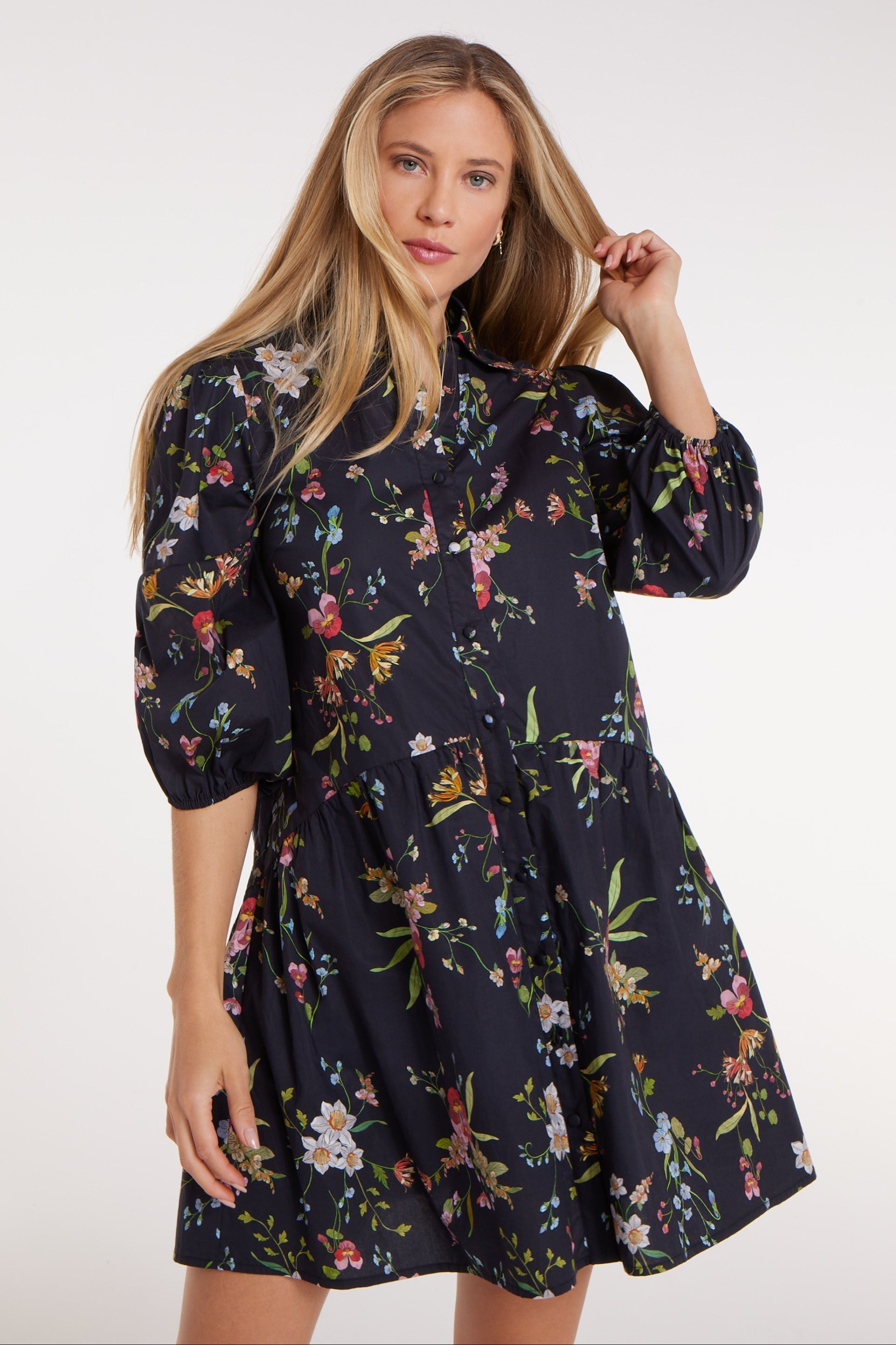 Katie Collared Mini Shirt Dress in Black Floral by Hermoza