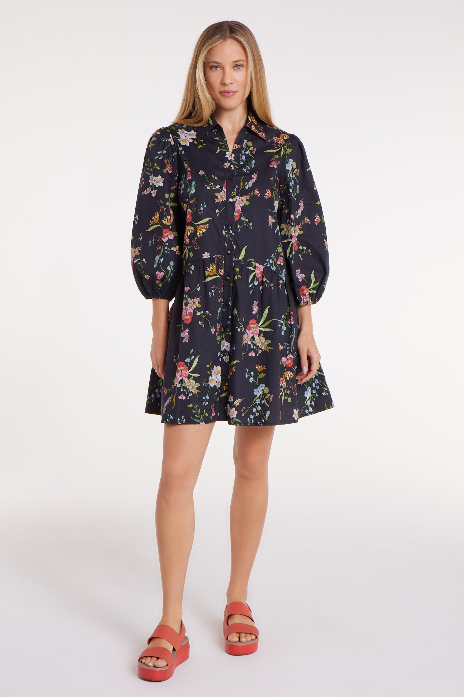 Katie Collared Mini Shirt Dress in Black Floral by Hermoza