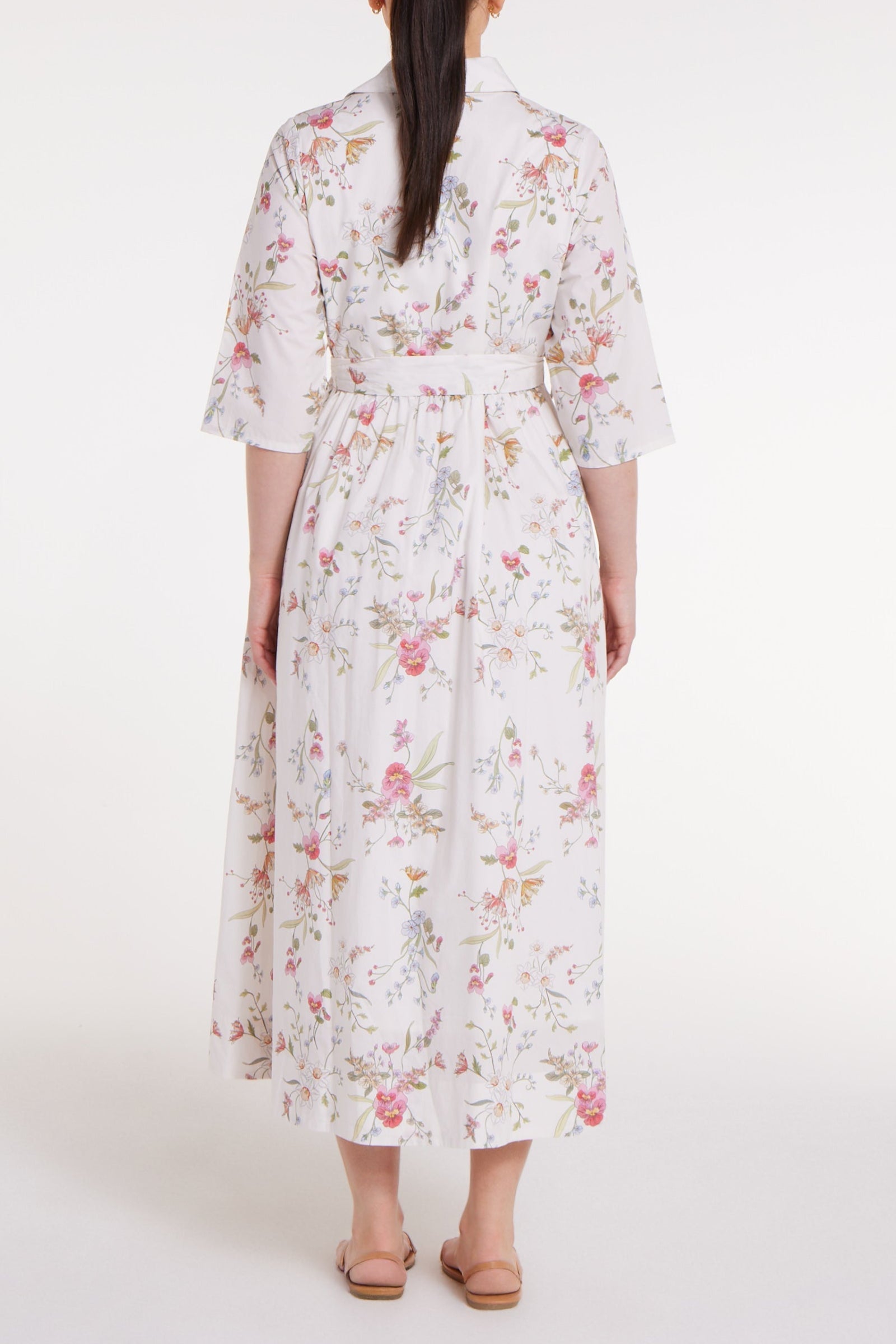 Francesca Collared Belted Maxi Dress in White Floral by Hermoza