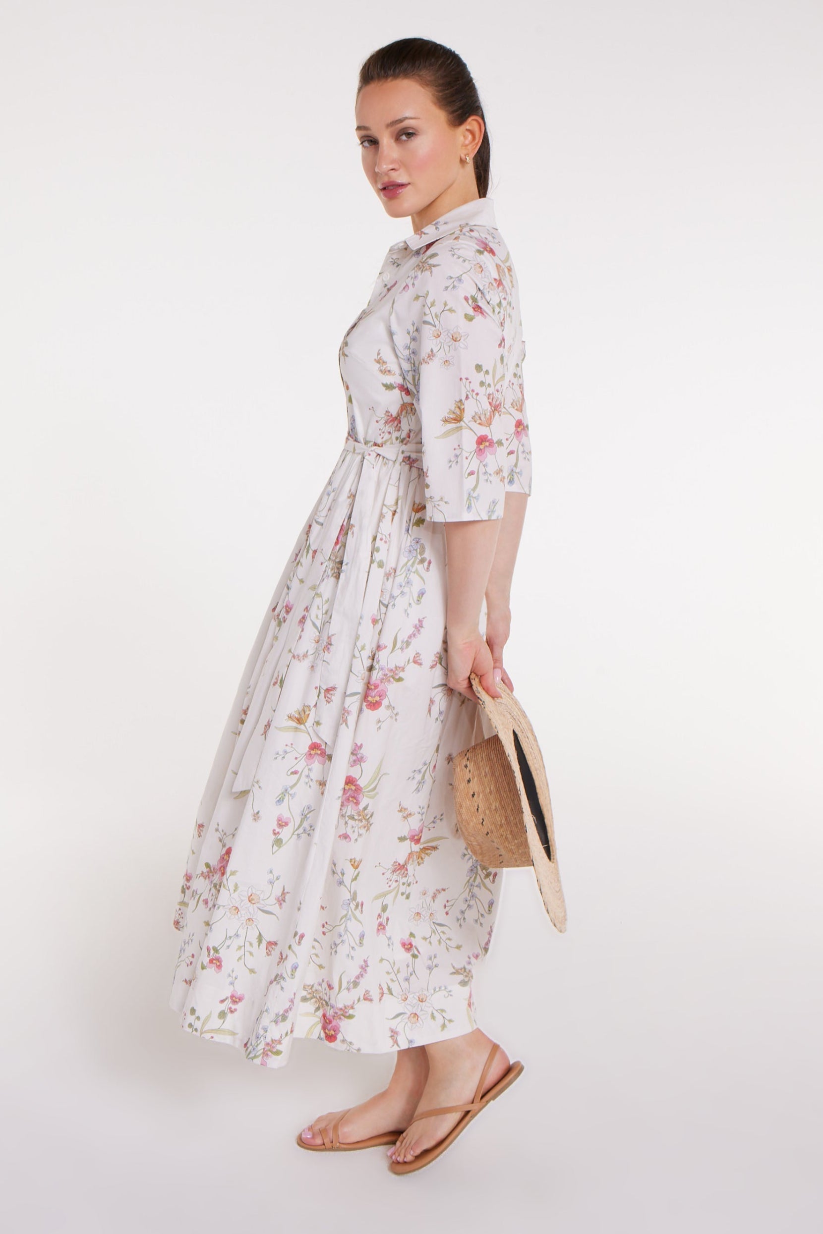 Francesca Collared Belted Maxi Dress in White Floral by Hermoza