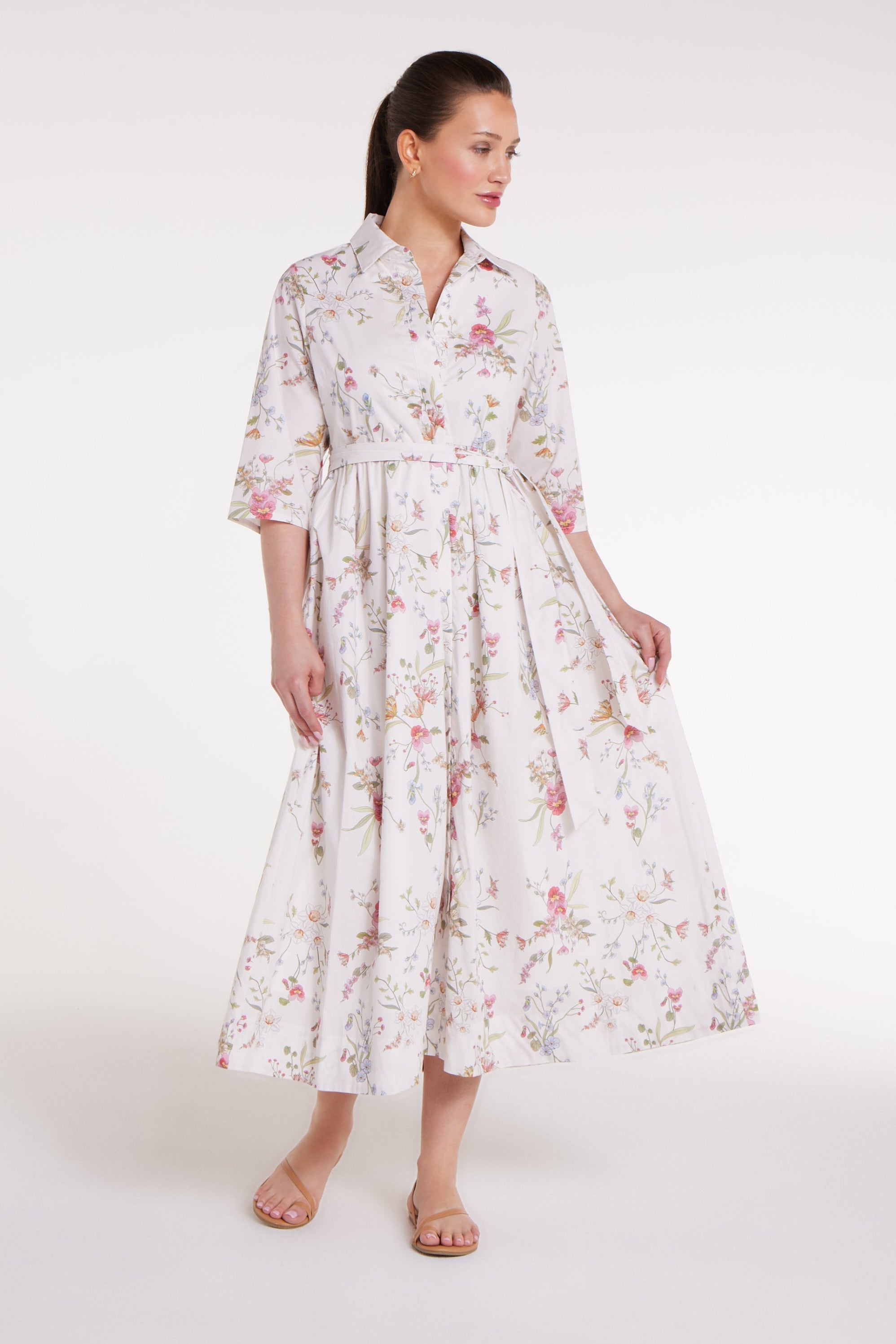 Francesca Collared Belted Maxi Dress in White Floral by Hermoza