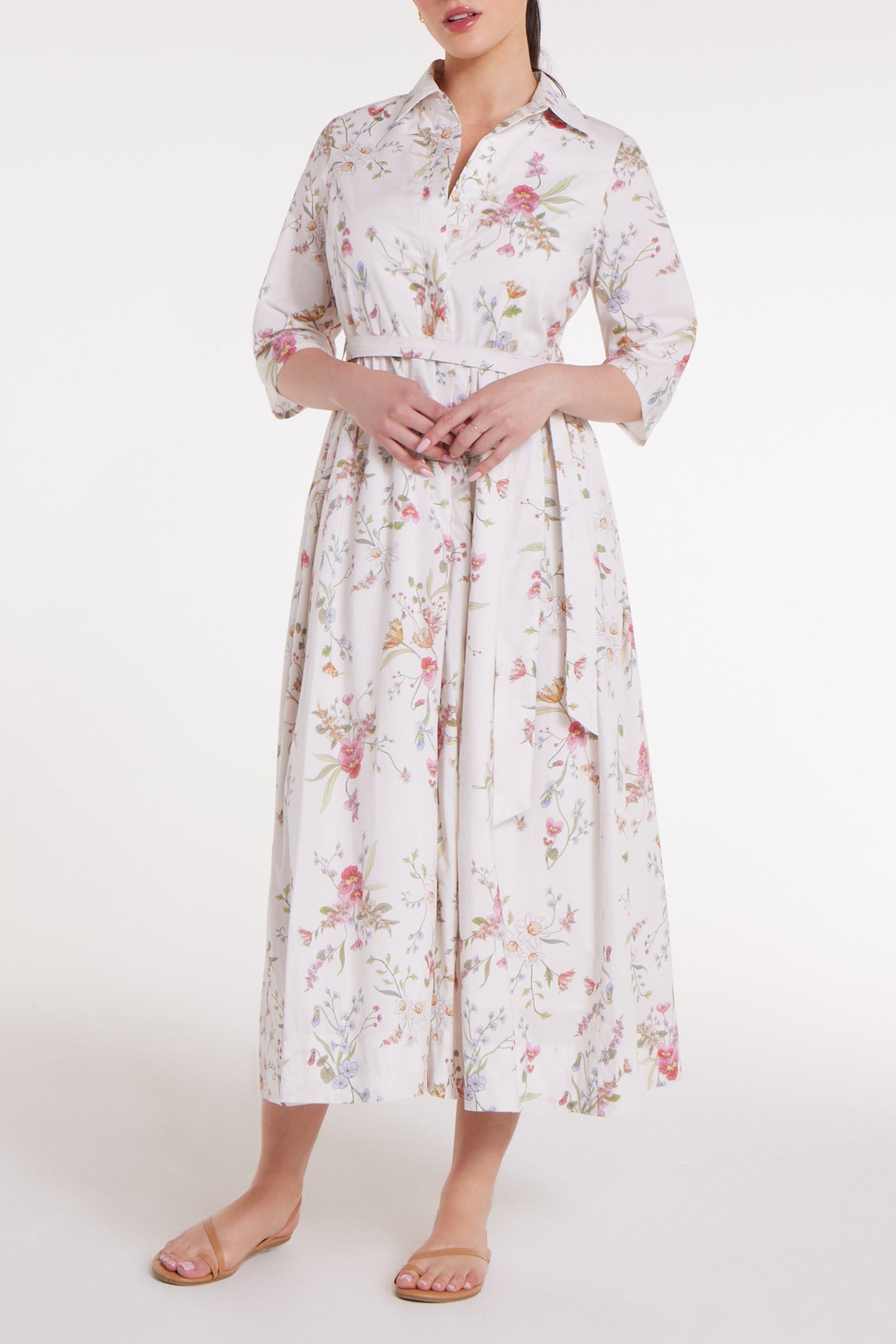 Francesca Collared Belted Maxi Dress in White Floral by Hermoza