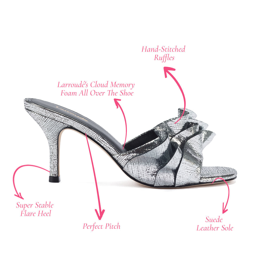 Colette Ruffle Mule In Silver Cracked Metallic Leather by Larroudé