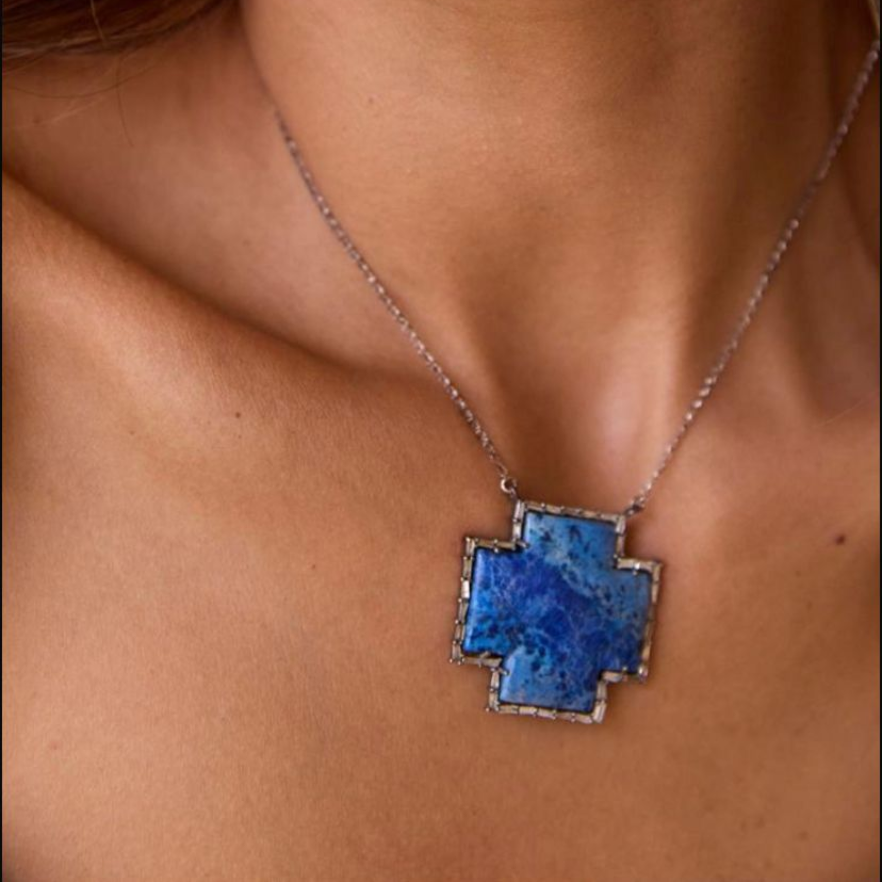 Silver Baguette Diamond Denim Lapis Cross Necklace by S. Carter Designs