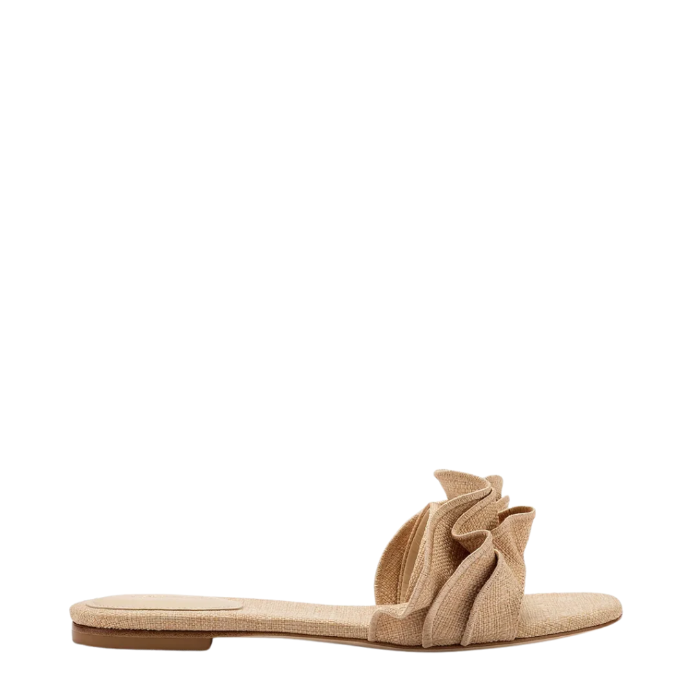 Ivy Ruffle Flat Mule In Beige Raffia by Larroudé