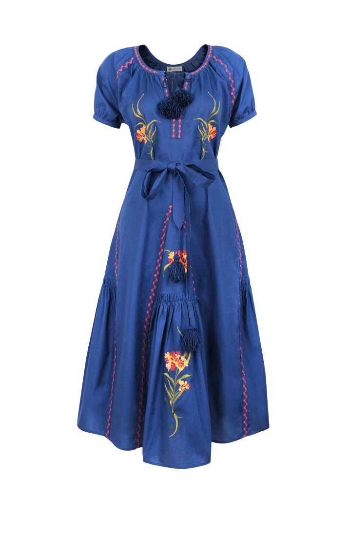A blue short-sleeve midi dress with floral embroidery, red stitched trim, and a matching waist tie, shown against a plain white background.
