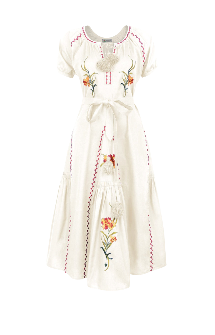 An off-white short-sleeve bohemian-style dress with colorful floral embroidery, red stitched details, and a matching waist tie, shown against a plain white background.