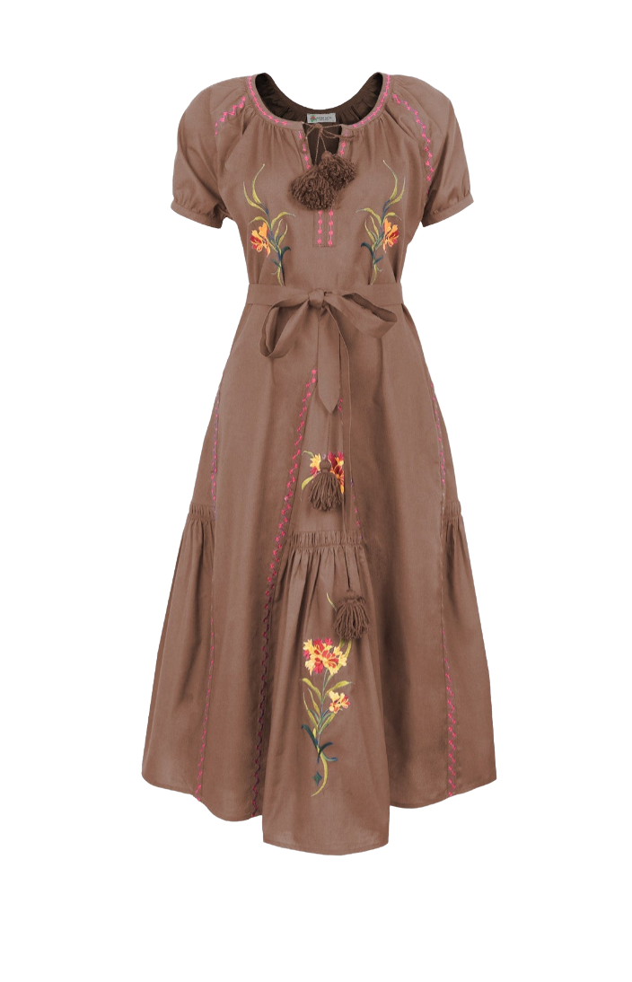 A brown short-sleeved midi dress with colorful floral embroidery, decorative tassel ties, and a matching waist tie, shown against a plain white background.