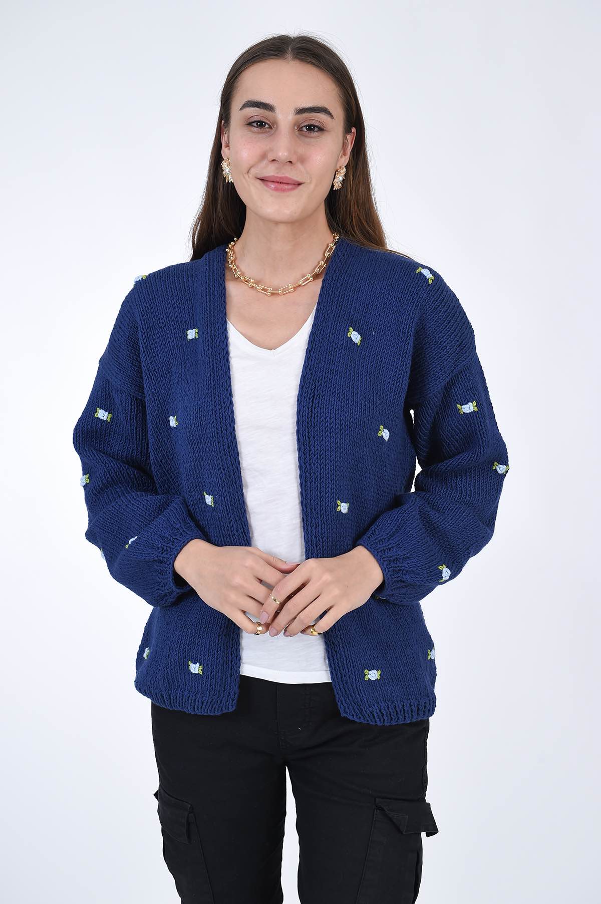 WINTER BLOOM BLUE ROSE Cotton Cardigan by Fanm Mon