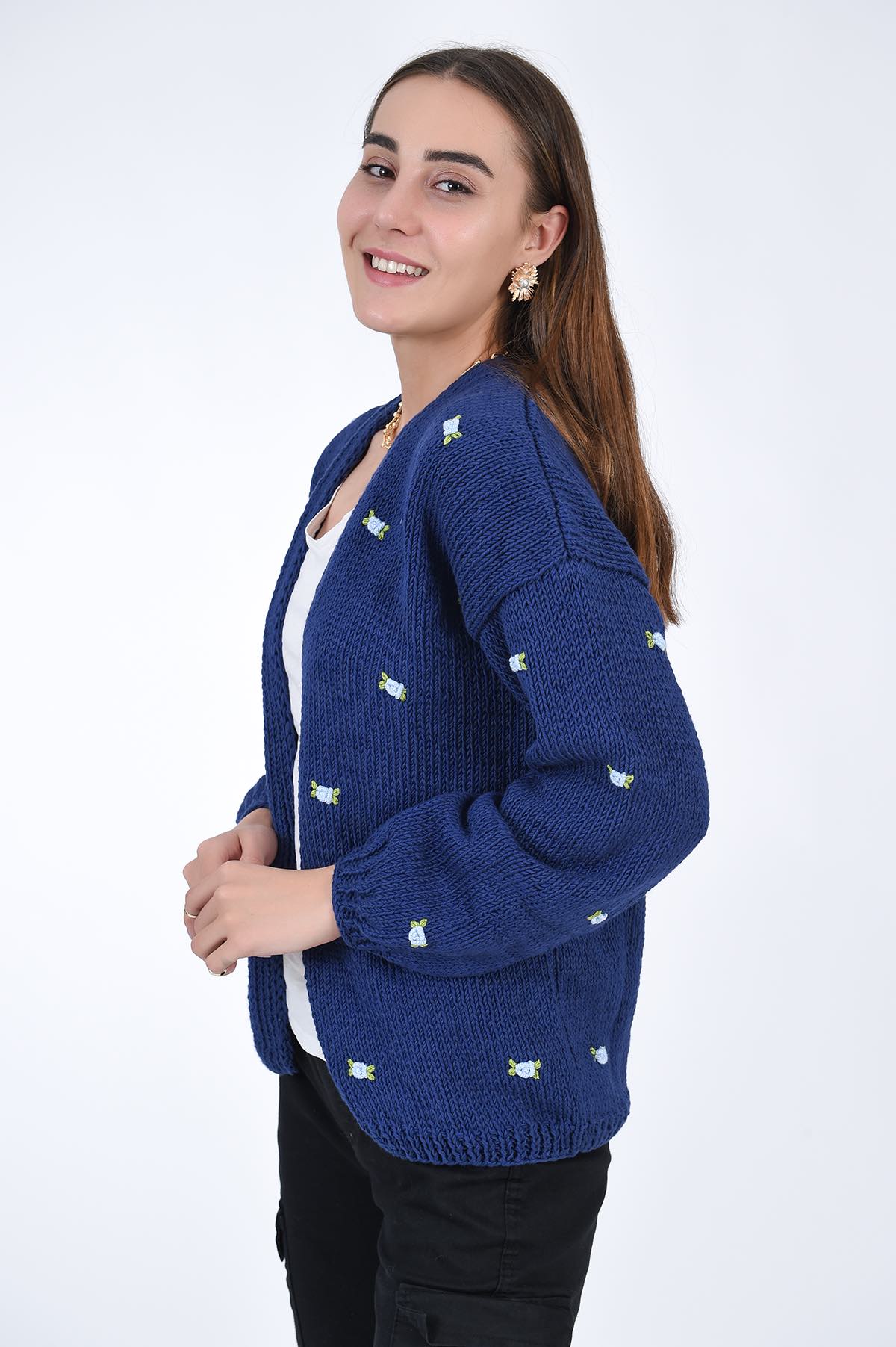 WINTER BLOOM BLUE ROSE Cotton Cardigan by Fanm Mon