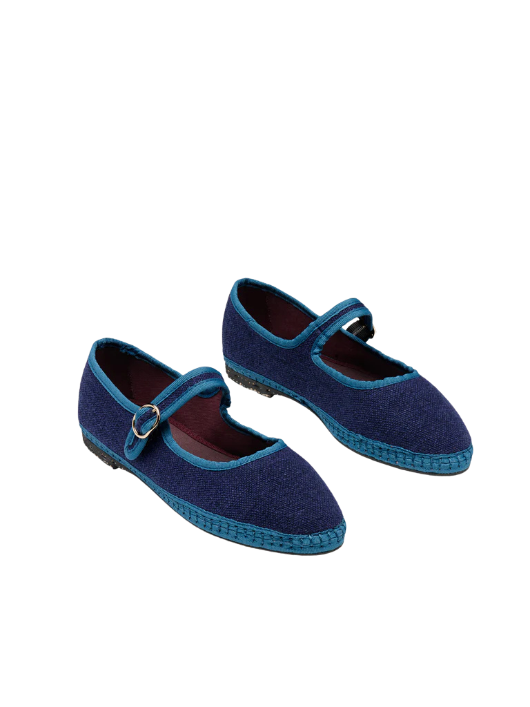 Arthur Linen Mary Jane Flats - Azul Marino by Flabelus