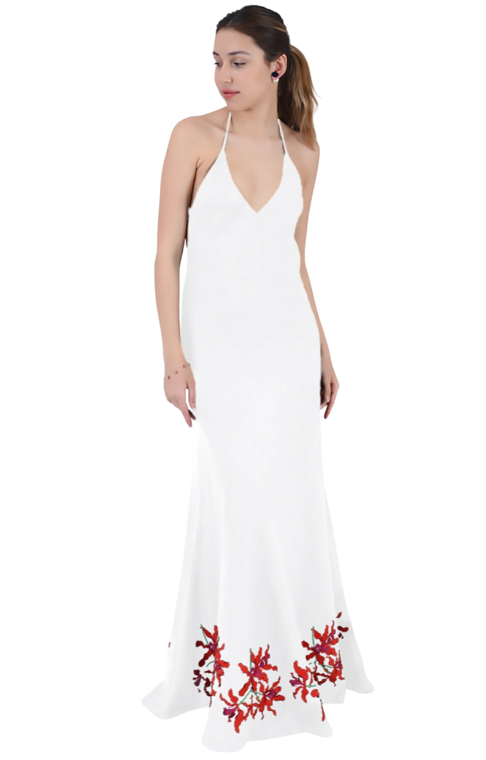 White dress with red floral embroidery on a white background