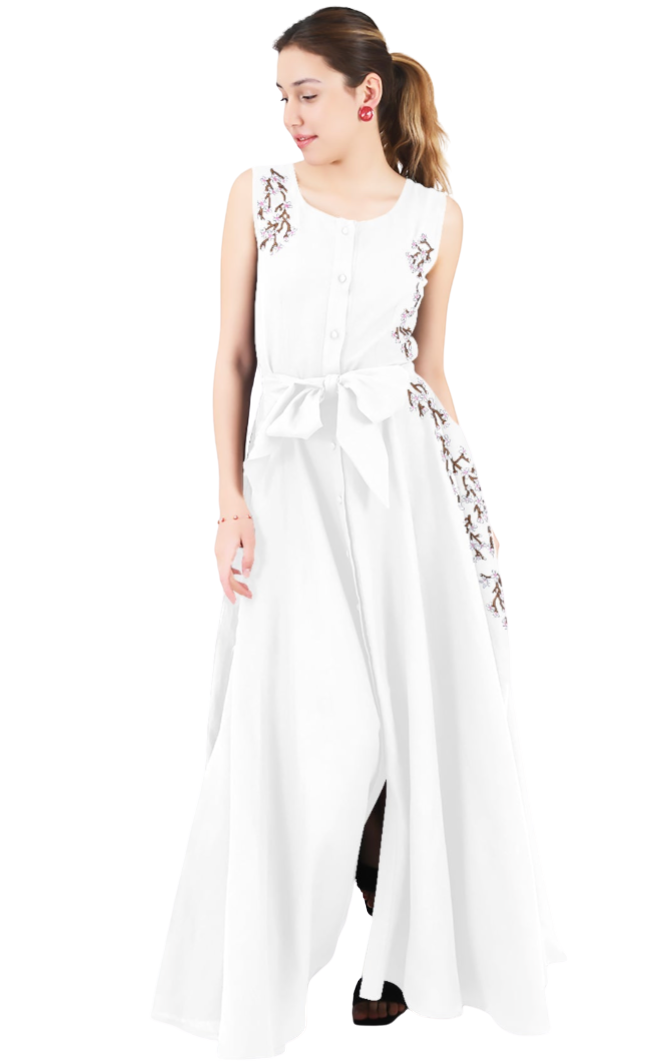 Woman wearing a white sleeveless dress with floral patterns on a white background
