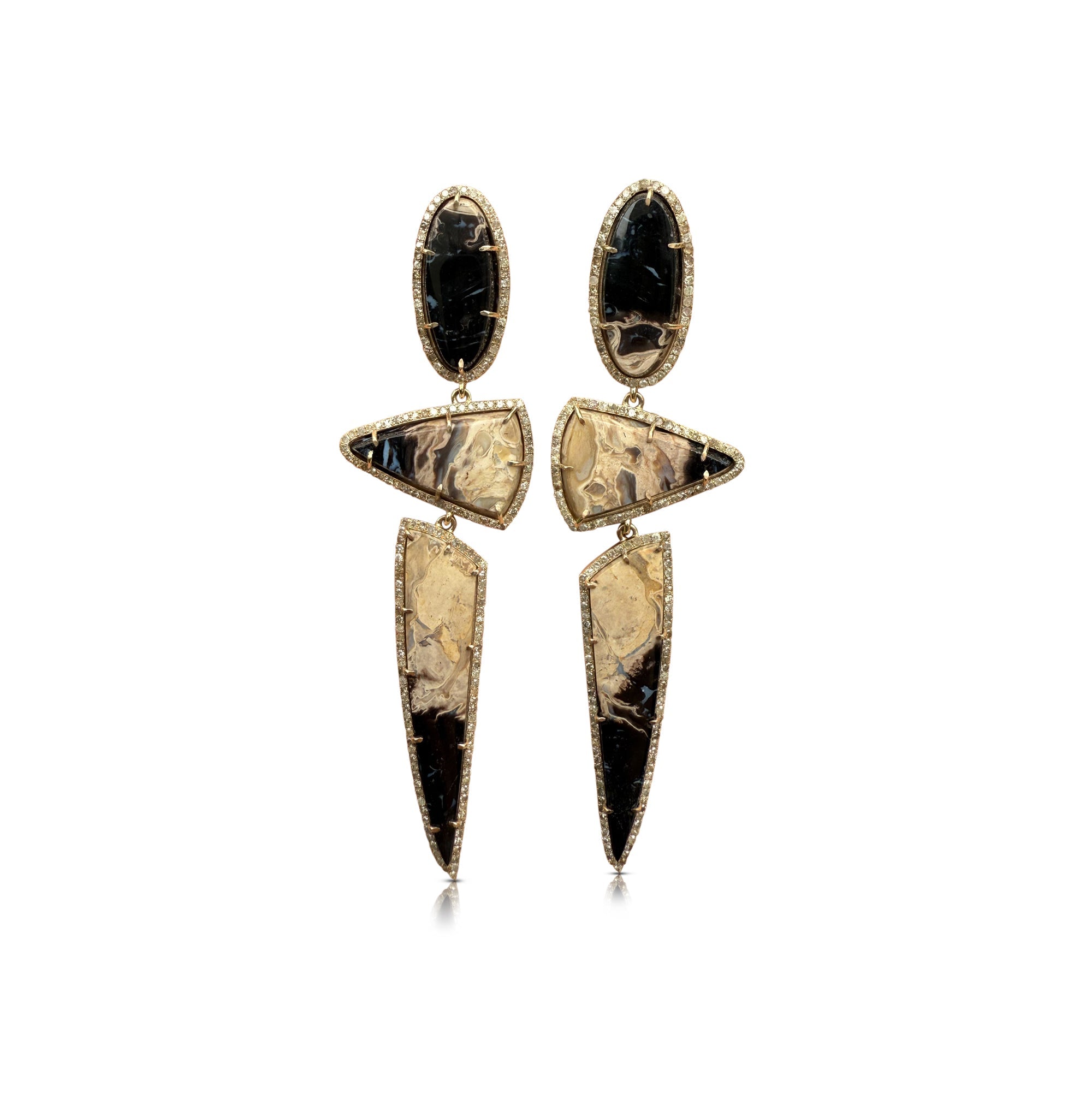 14k Petrified Palm Wood Triple Drop Earrings by S. Carter Designs