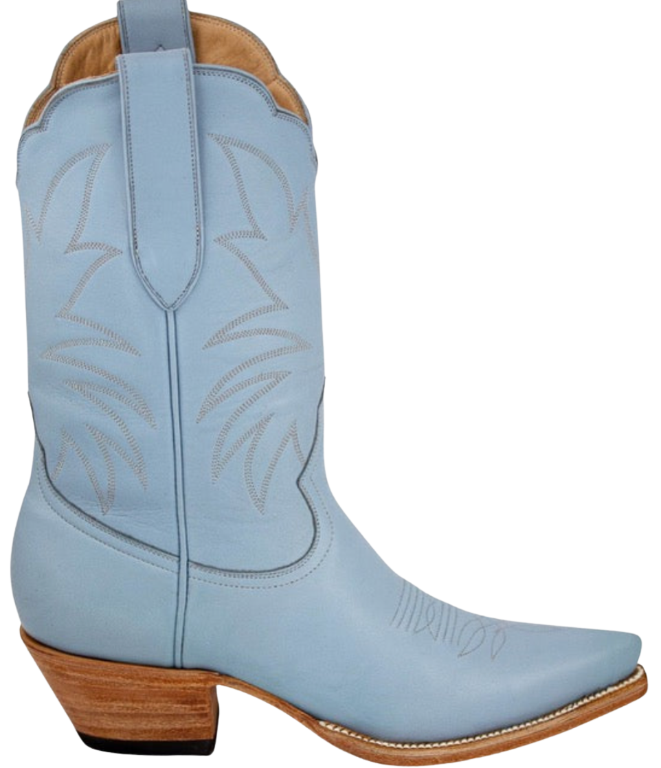 Light blue cowboy boot with brown accents on a white background