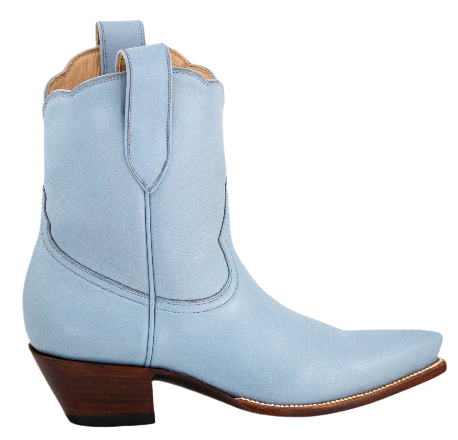 A light blue short mid-calf boot with a 2-inch stacked leather heel, featuring a scallop top design and made from full grain calfskin leather.