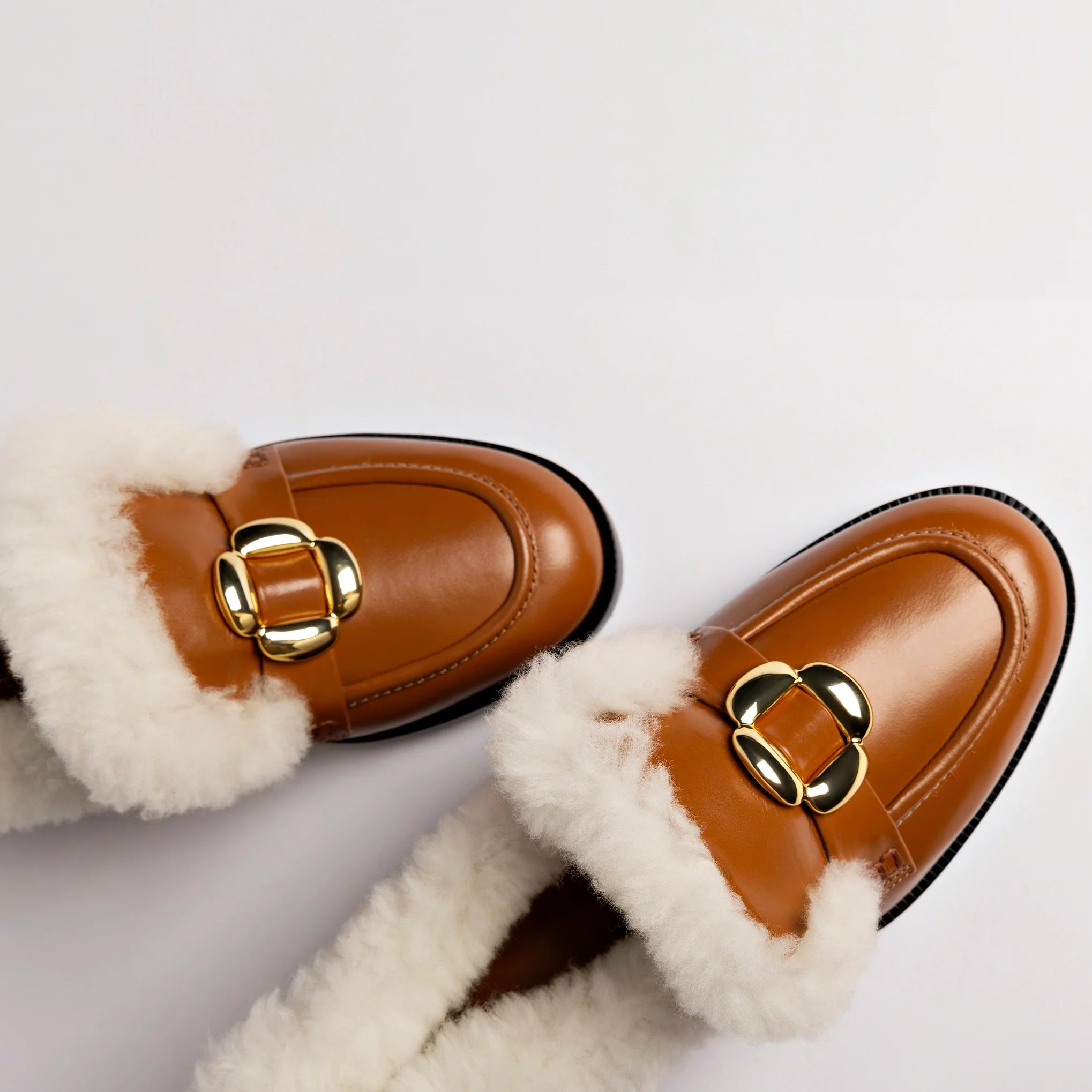 Bobbie Loafer In Caramel Leather and Natural Shearling by Larroudé