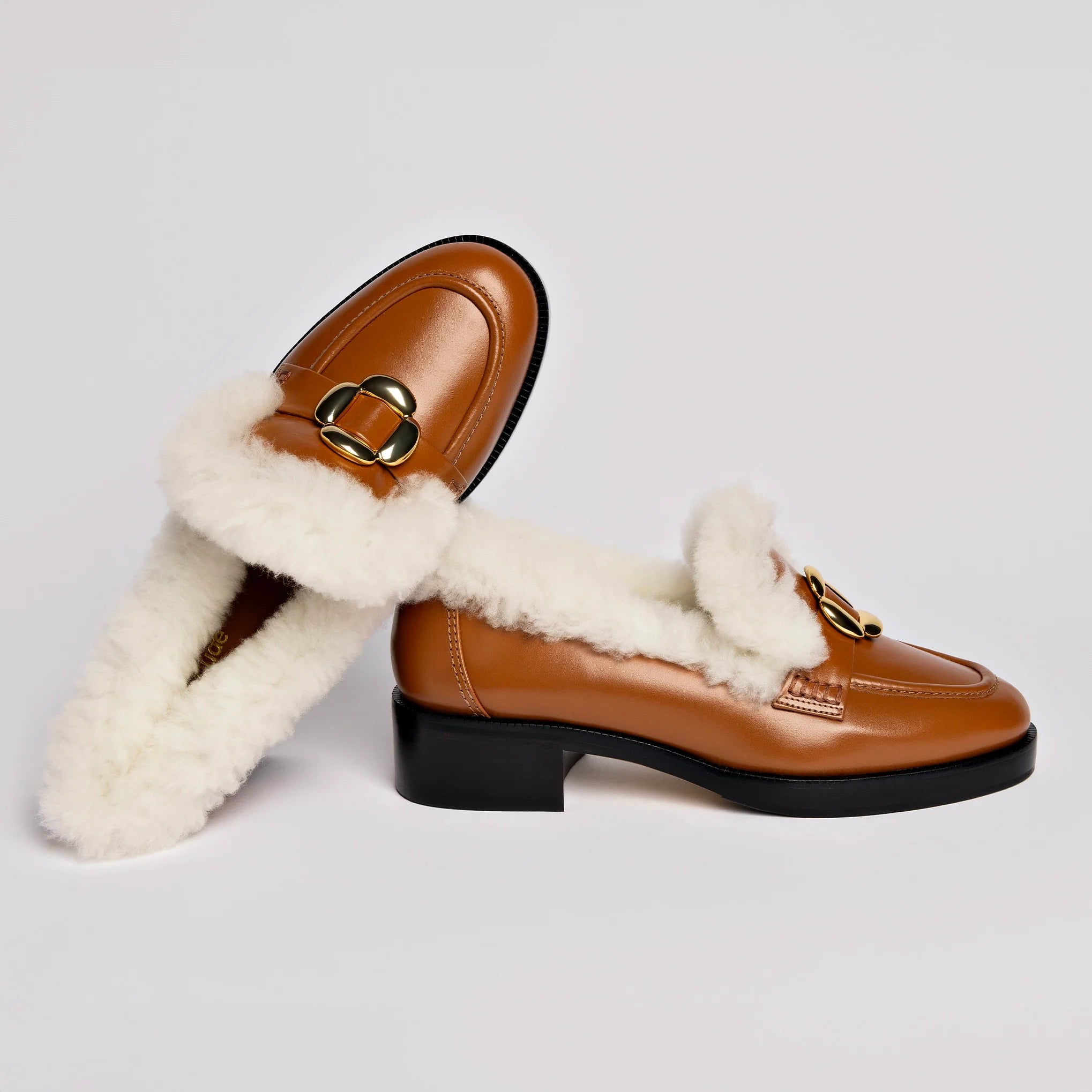 Bobbie Loafer In Caramel Leather and Natural Shearling by Larroudé