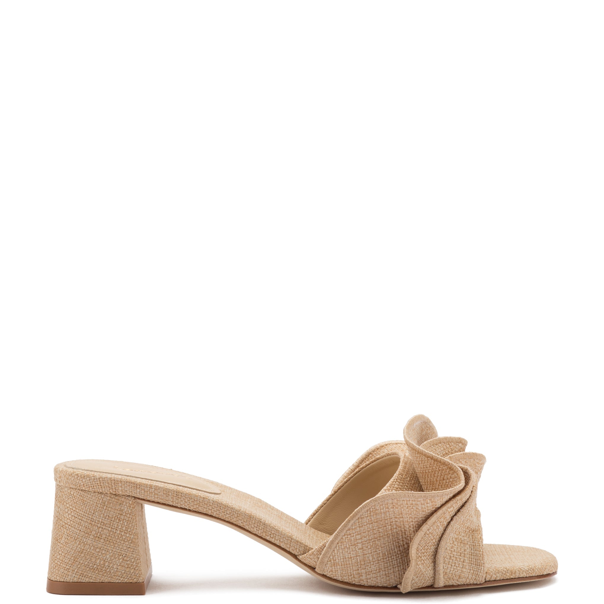 Brigitte Ruffle Mule In Beige Raffia by Larroudé