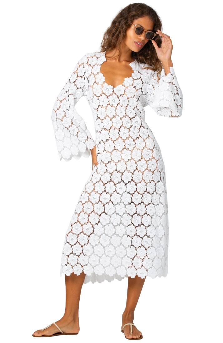 Arelis Cosmos Flower Lace Caftan - Pure White by Miguelina