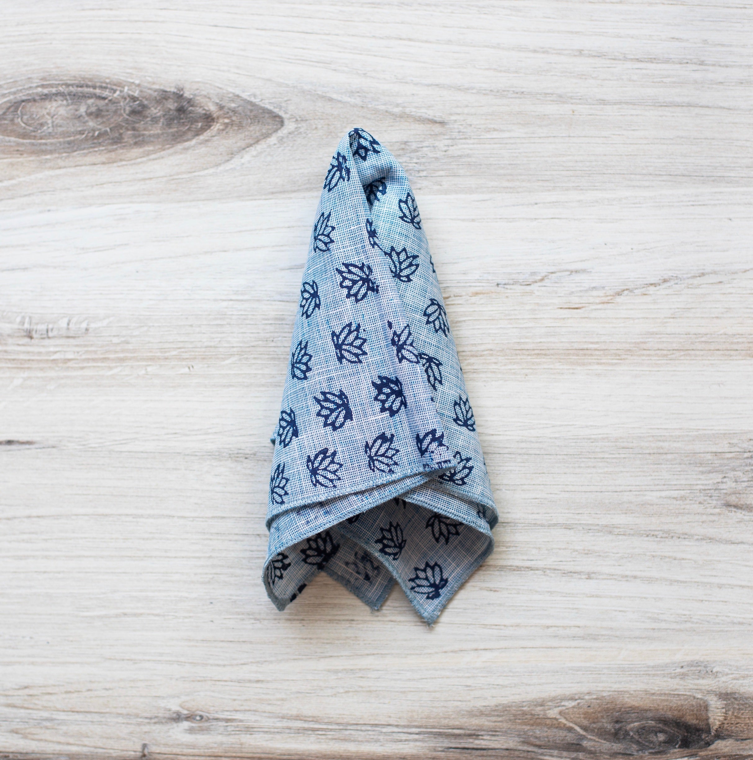 Pocket Square - Denim Linen with Baby Lotus, Navy by Mended